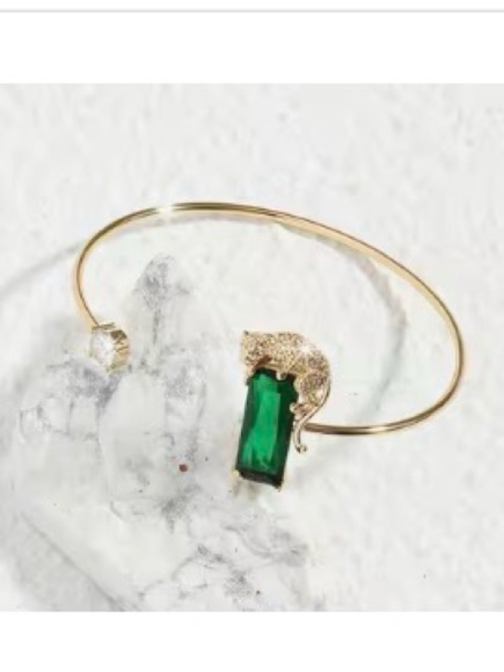 Elegant Gold Bangle with Green Gem and Panther Accent, Adjustable Size